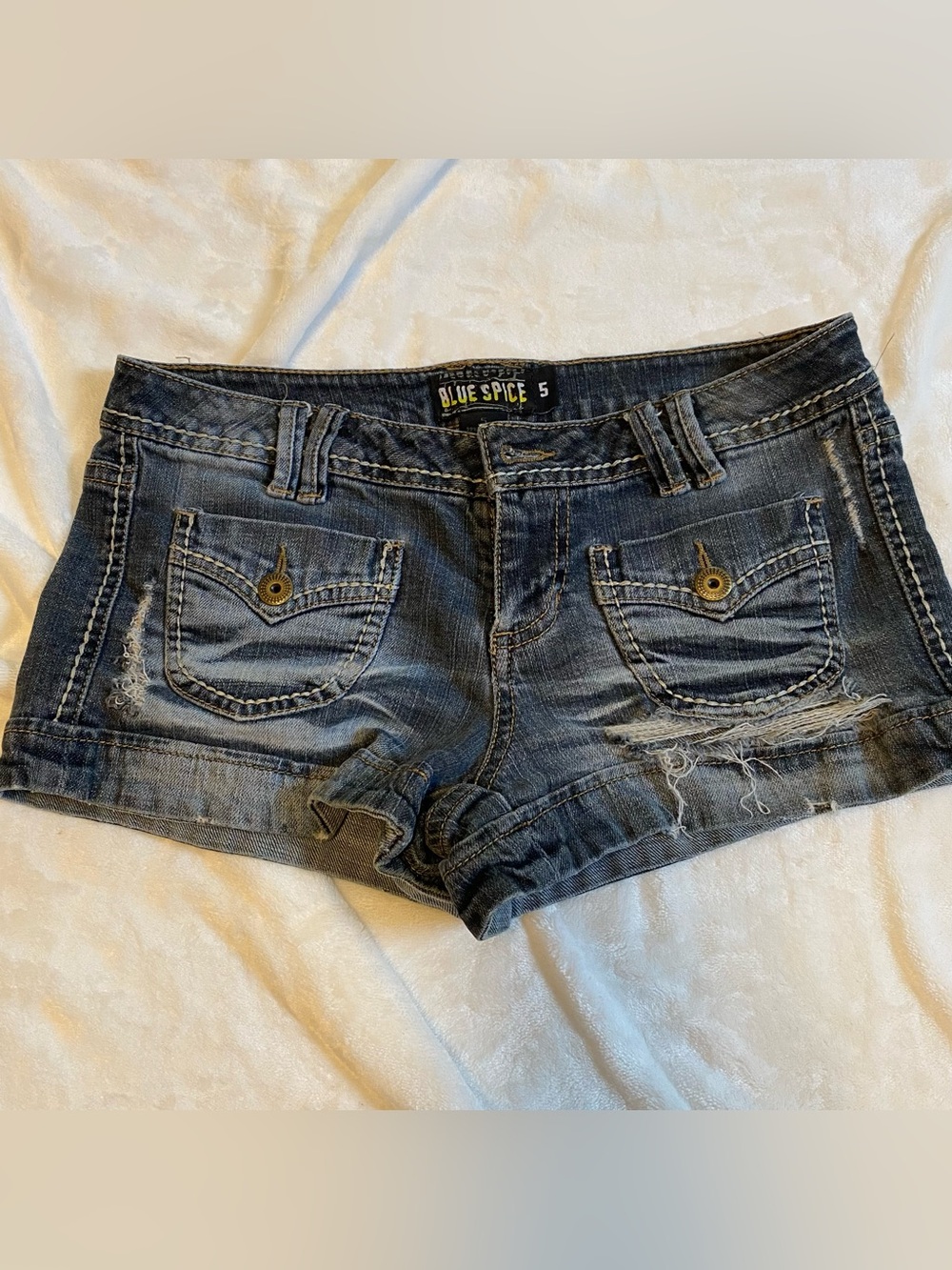 Blue Spice Distressed Dark Denim Jean Shorts - Blue